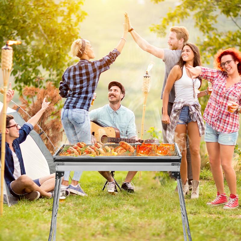 Barbecue à charbon pliable en acier inoxydable portable pour camping et jardin