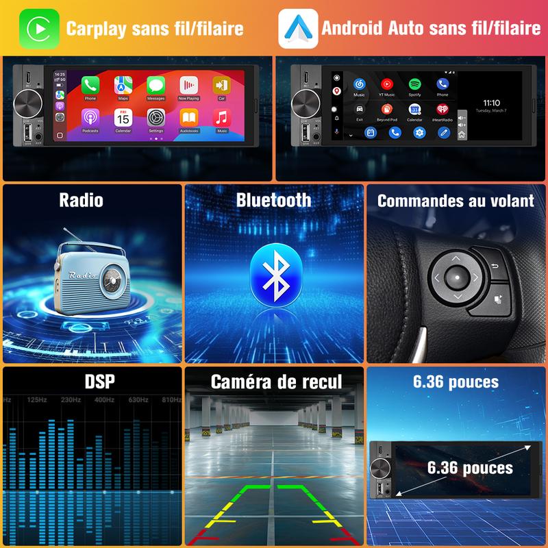 Écran tactile multimédia sans fil 6,36 pouces avec Bluetooth et commande vocale