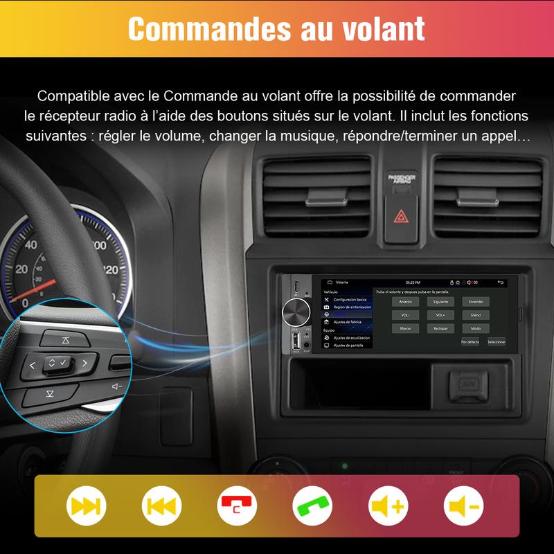 Écran tactile multimédia sans fil 6,36 pouces avec Bluetooth et commande vocale