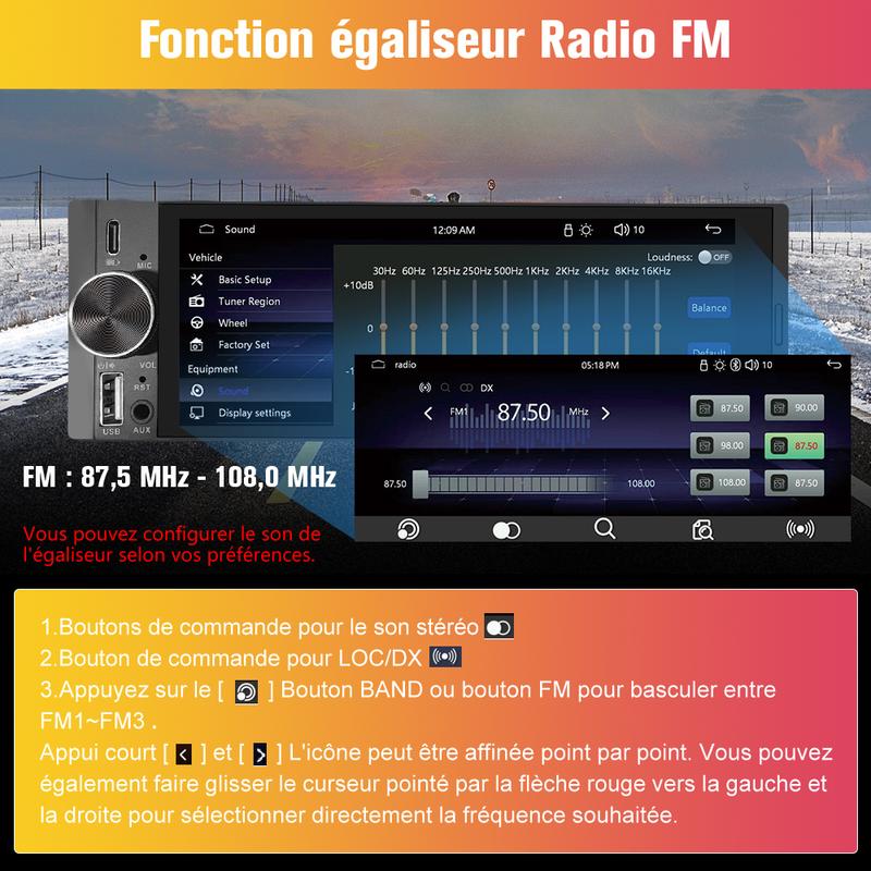 Écran tactile multimédia sans fil 6,36 pouces avec Bluetooth et commande vocale