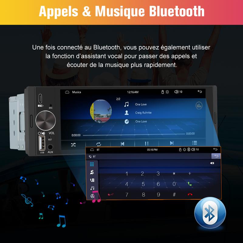 Écran tactile multimédia sans fil 6,36 pouces avec Bluetooth et commande vocale